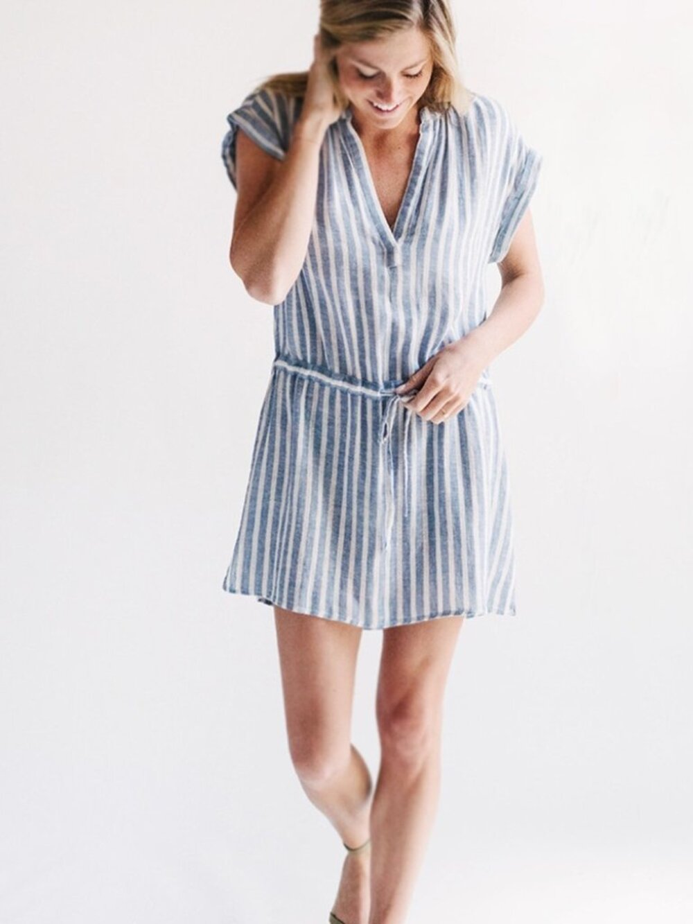 Rails Emma Mykonos Stripe Blue/White Striped Drawstring Linen Mini Dress- XS